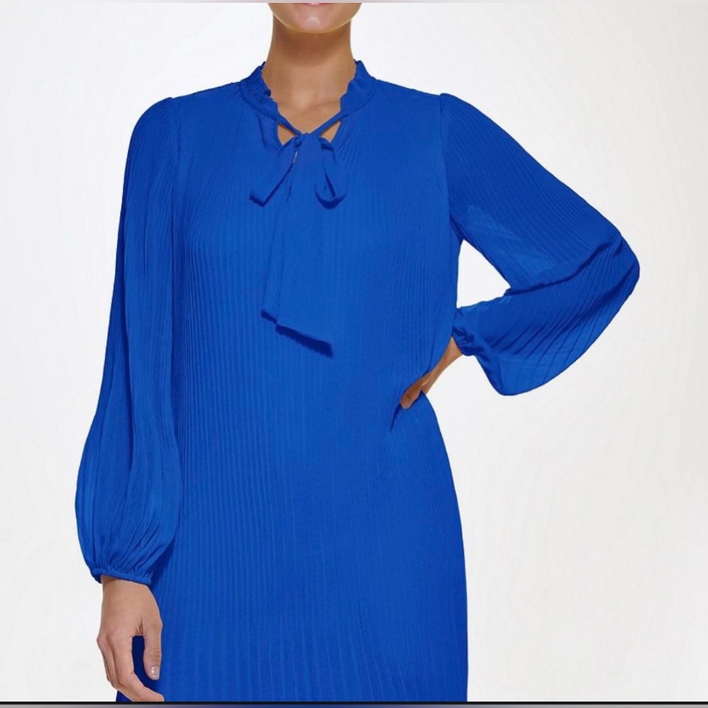COPY - DKNY long sleeve plated shift dress with Neck Tie